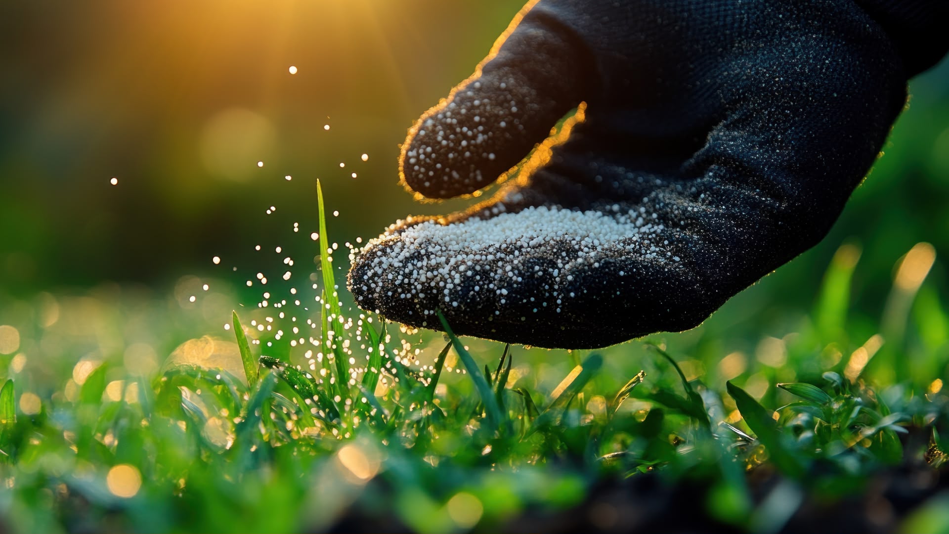 carefully fertilizing lawn